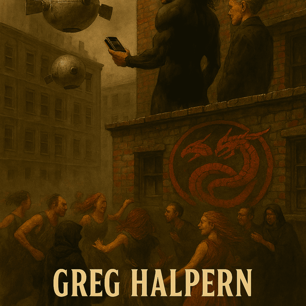 Near‑future Manhattan rooftop scene with Pitman in a black bodysuit holding a control device, Eudora beside him, two floating silver globes with exposed speakers hovering over a circle of dancers in a dusty, ruined street, with a two‑headed dragon graffiti symbol on the building wall.