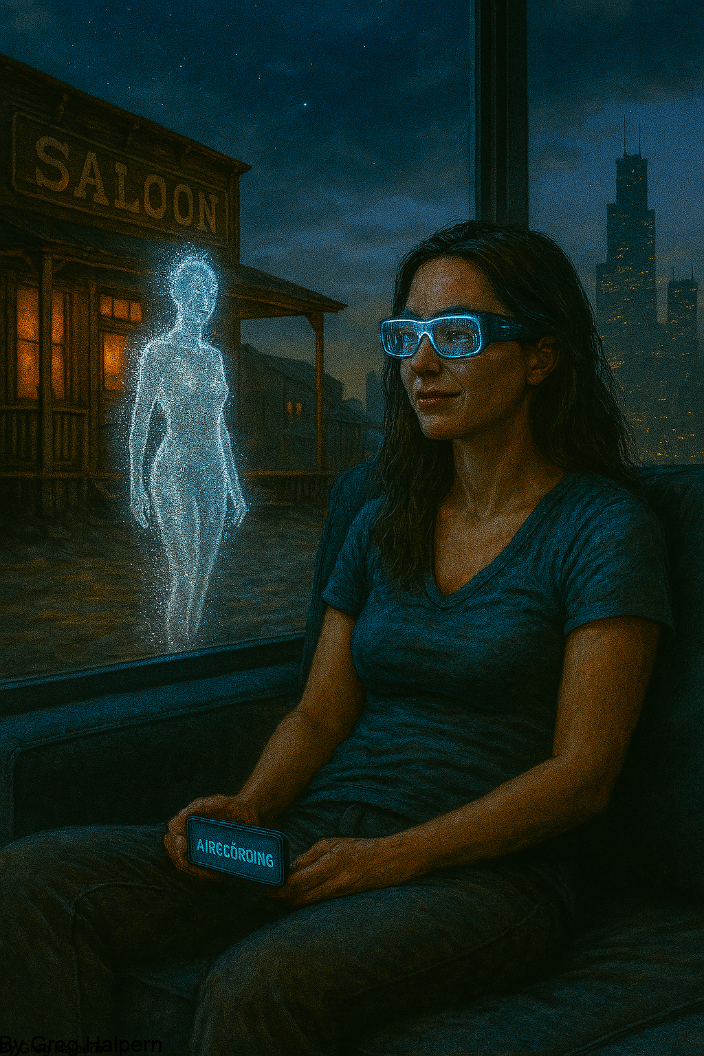 Cover for Presence, a near‑future sci‑fi short story by Gregory Halpern. Depicts Siggy, a teenager in a Manhattan highrise, venturing into virtual worlds where she befriends an AI. Themes of resilience, resourcefulness, and technology’s human side define the complete story.
