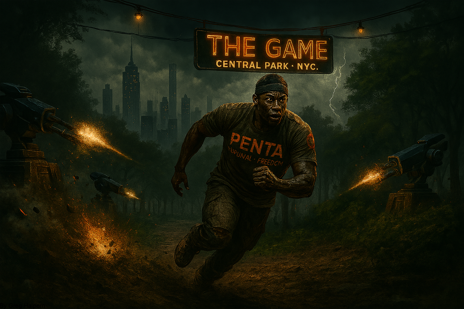 Cover for Penta, a near‑future survival thriller short story by Gregory Halpern. Depicts Harlem’s bombed‑out streets as the arena for a brutal survival game, where Prize fights to endure one more day against remote Players and desperate Fodder. Themes of resilience, inequality, and twisted entertainment define the complete story.