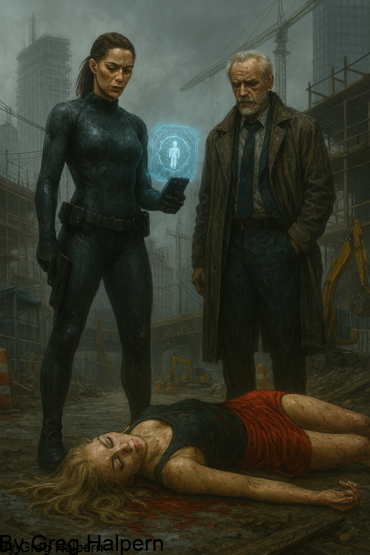 Cover for Necrographer, a dystopian thriller short story by Gregory Halpern. Depicts Vanessa, a necrographer in lower Manhattan, caught between duty to record death crimes for AI systems and the pull of the Resistance led by the Panther. A dark, near‑future atmosphere highlights themes of technology, justice, and survival across three connected panels of the narrative.