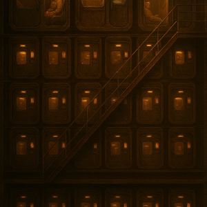 Near future "coffin" hotel - where small to large little crawl spaces that are where people live for little money, unless you have a Sitter coffin.