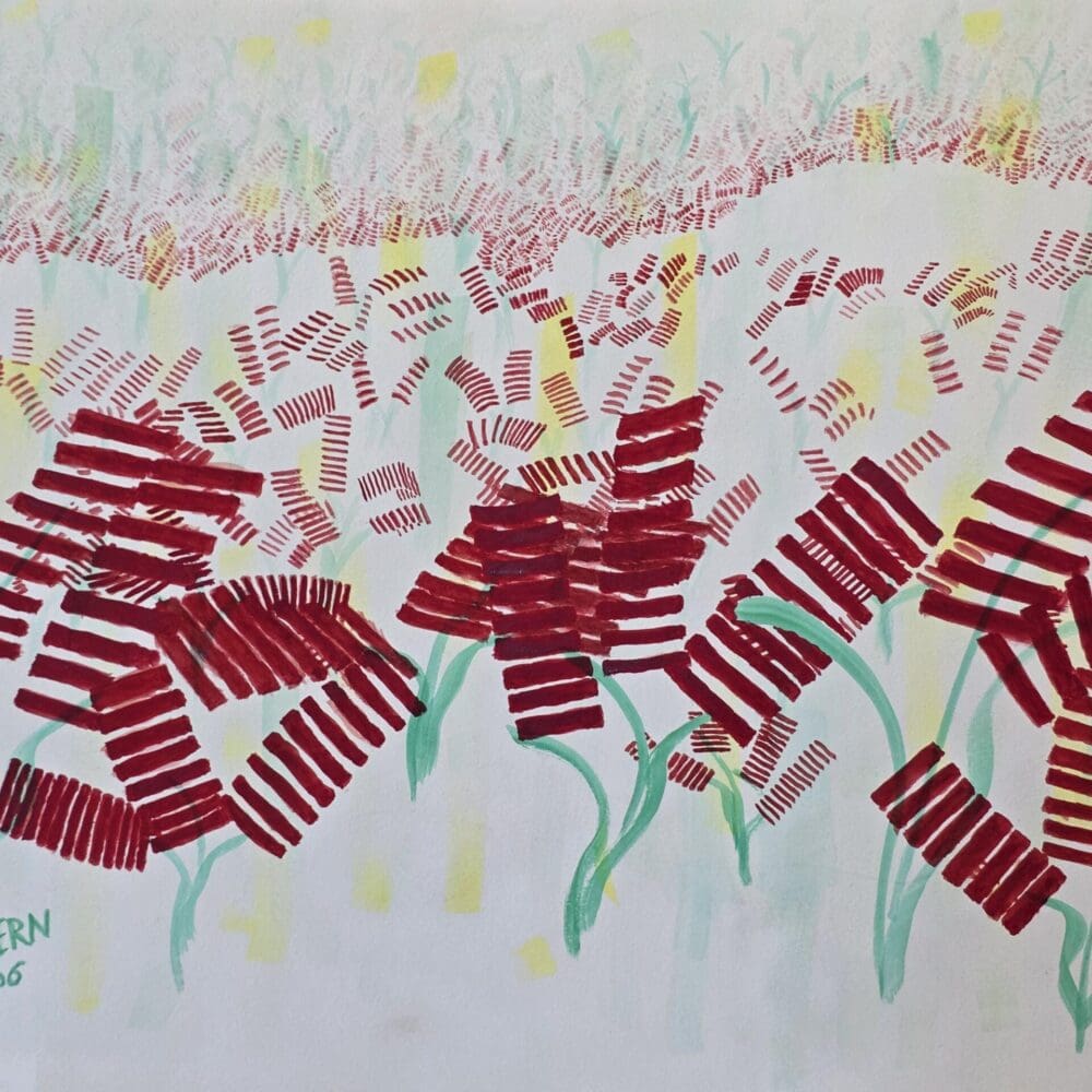 Original surreal watercolor “Field of Near‑Future Lupin Flowers,” double‑sided artwork with bold blossoms for collectors.