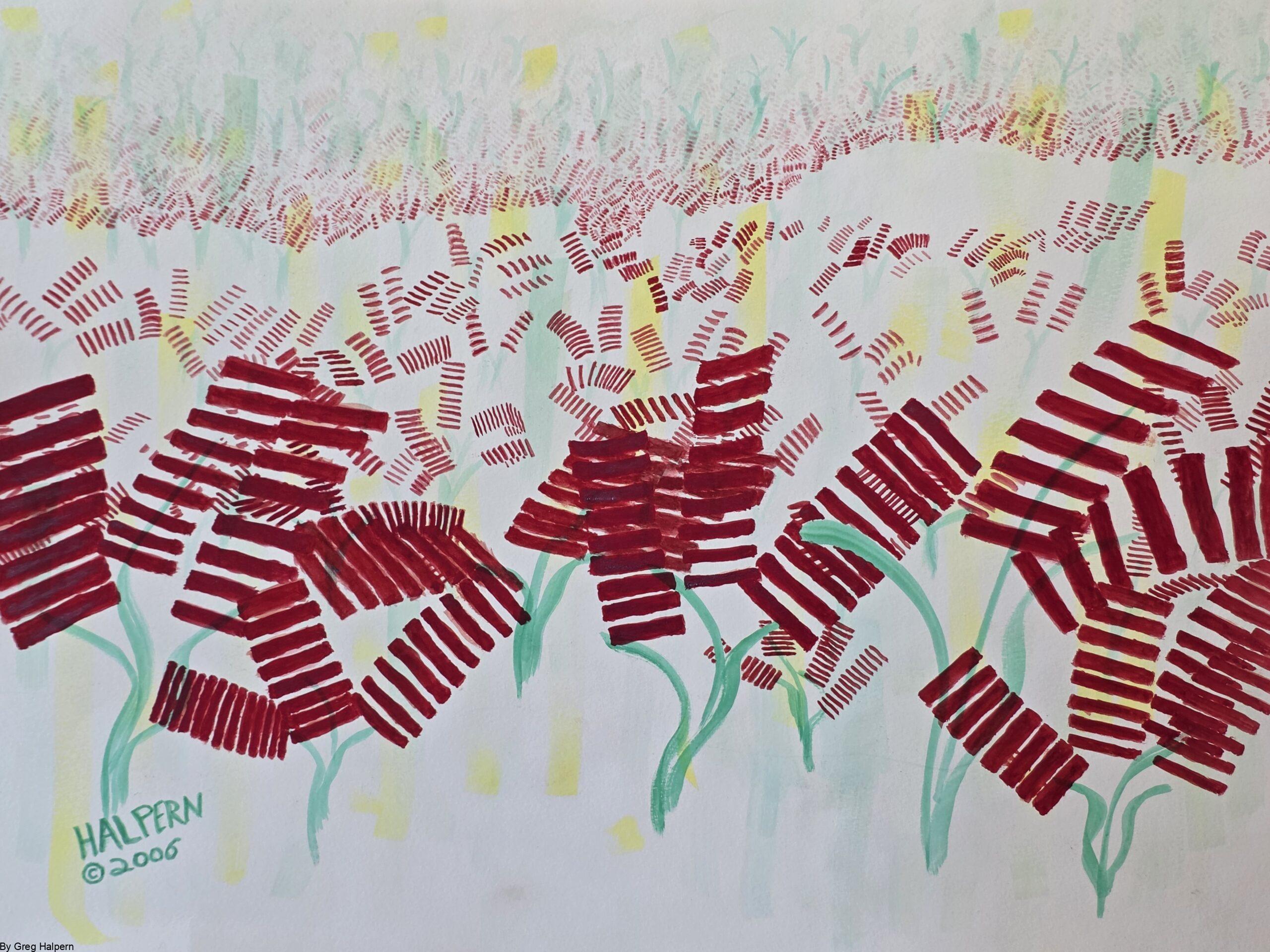 Original surreal watercolor “Field of Near‑Future Lupin Flowers,” double‑sided artwork with bold blossoms for collectors.