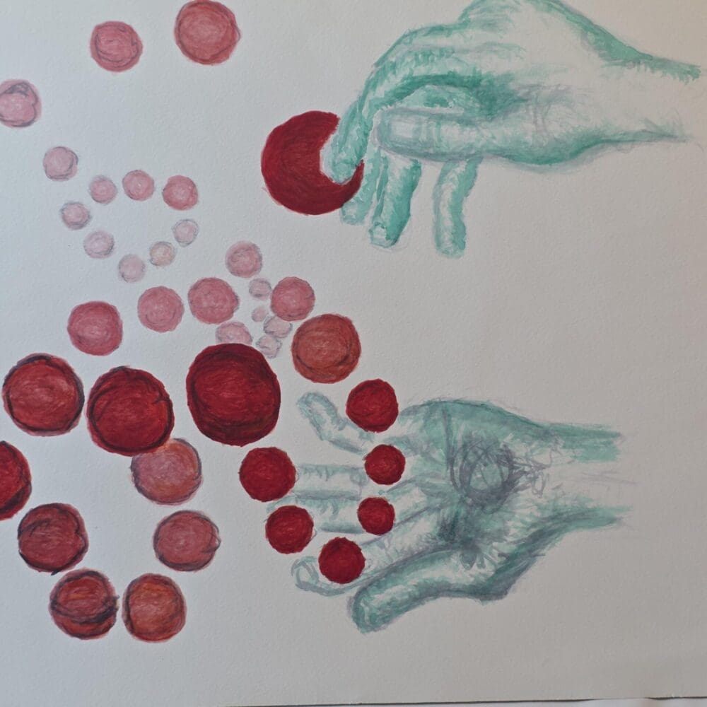 Free watercolor painting of blue‑green hands grasping with ruby spheres in a surreal juggling act, original available for purchase Whimsical watercolor artwork of hands and spheres suspended in dance, free download and original for sale
