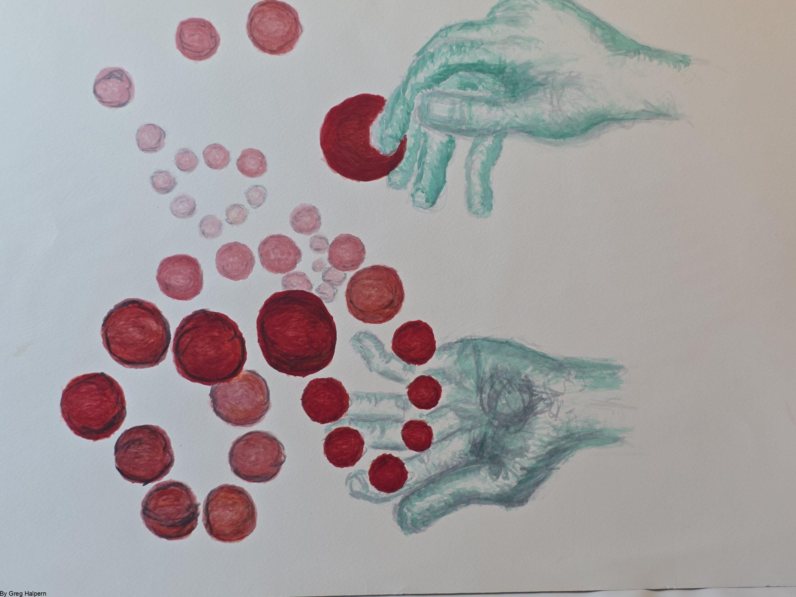 Free watercolor painting of blue‑green hands grasping with ruby spheres in a surreal juggling act, original available for purchase Whimsical watercolor artwork of hands and spheres suspended in dance, free download and original for sale