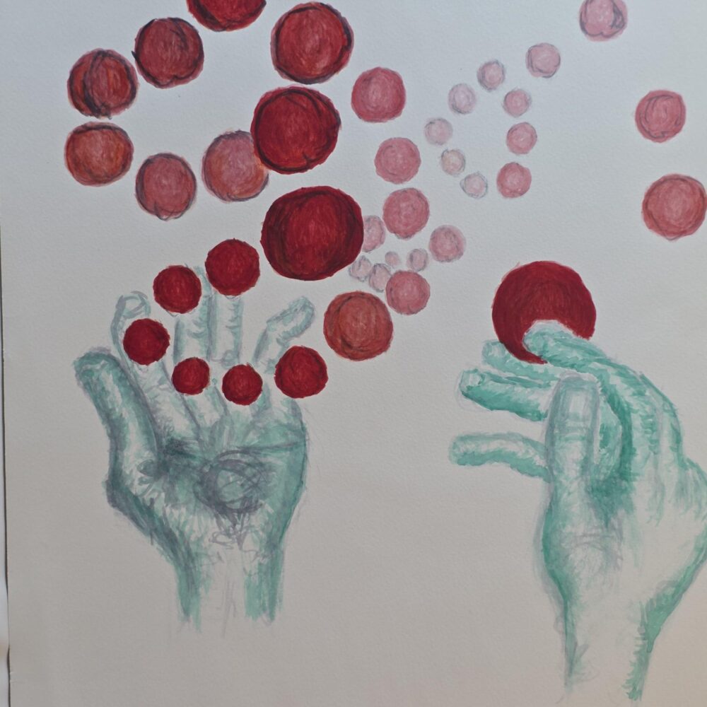 Free watercolor painting of blue‑green hands grasping with ruby spheres in a surreal juggling act, original available for purchase Whimsical watercolor artwork of hands and spheres suspended in dance, free download and original for sale