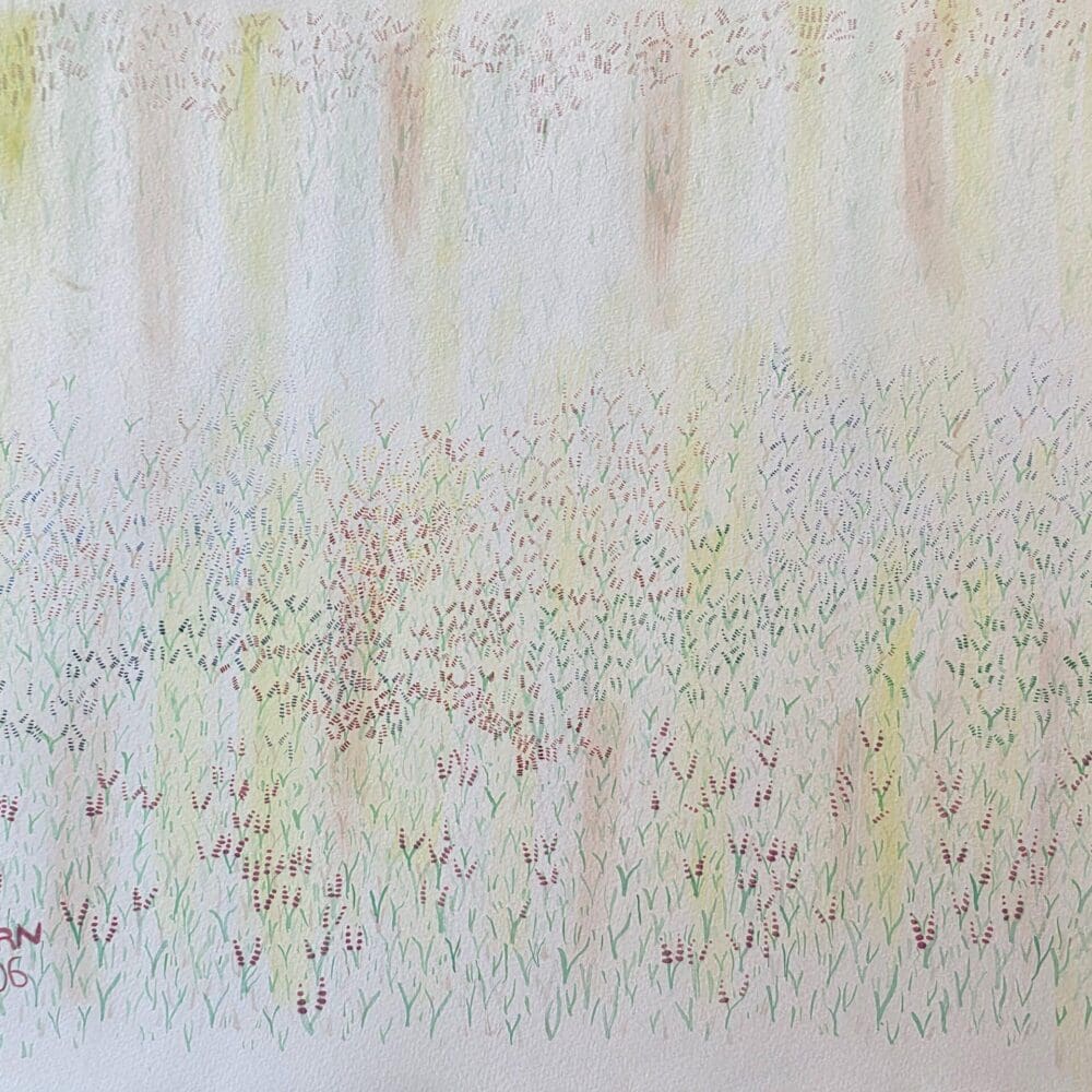 Original large-format watercolor painting of cascading lupin flowers flowing into the foreground, available for purchase