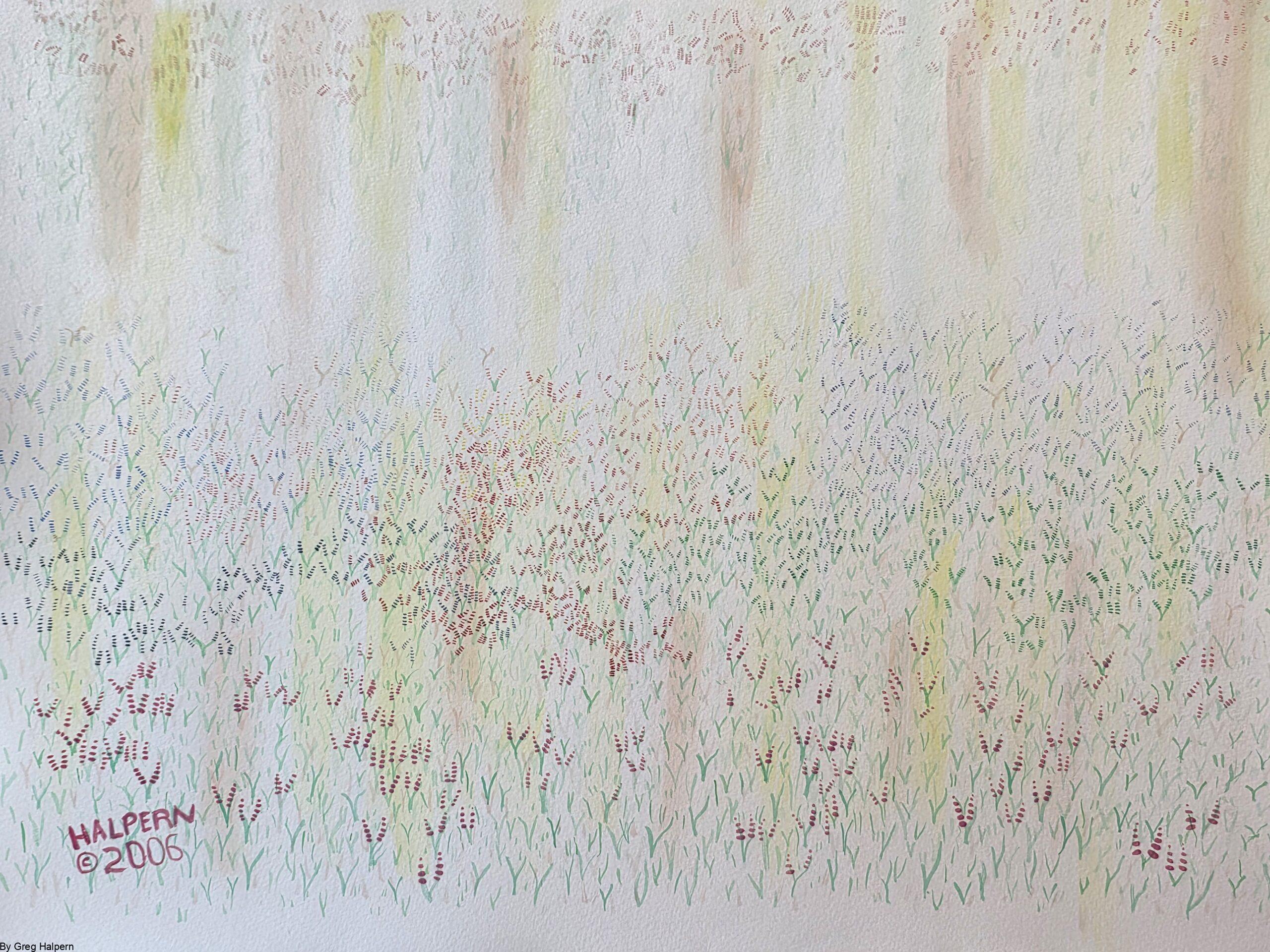 Original large-format watercolor painting of cascading lupin flowers flowing into the foreground, available for purchase