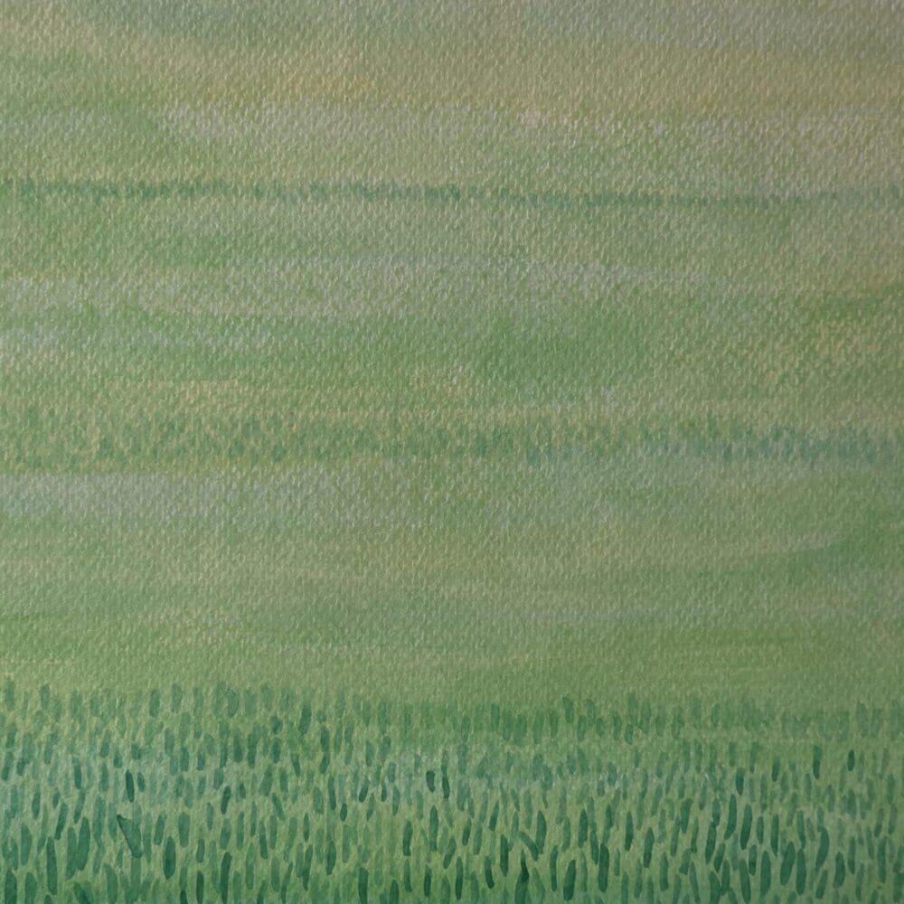 Free downloadable watercolor painting of three bands of grasses in green and yellow, symbolizing distance and time, with original artwork available