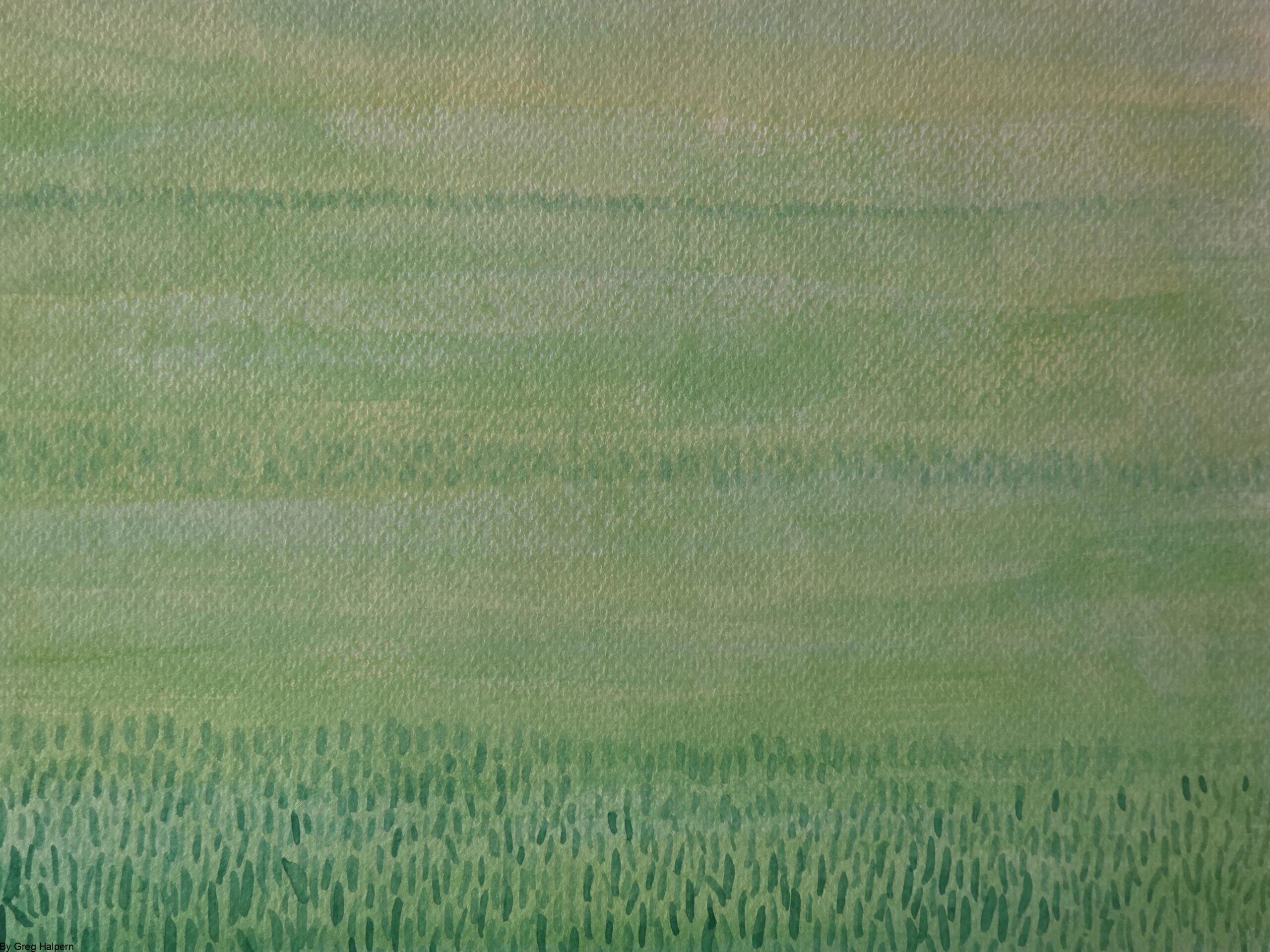 Free downloadable watercolor painting of three bands of grasses in green and yellow, symbolizing distance and time, with original artwork available