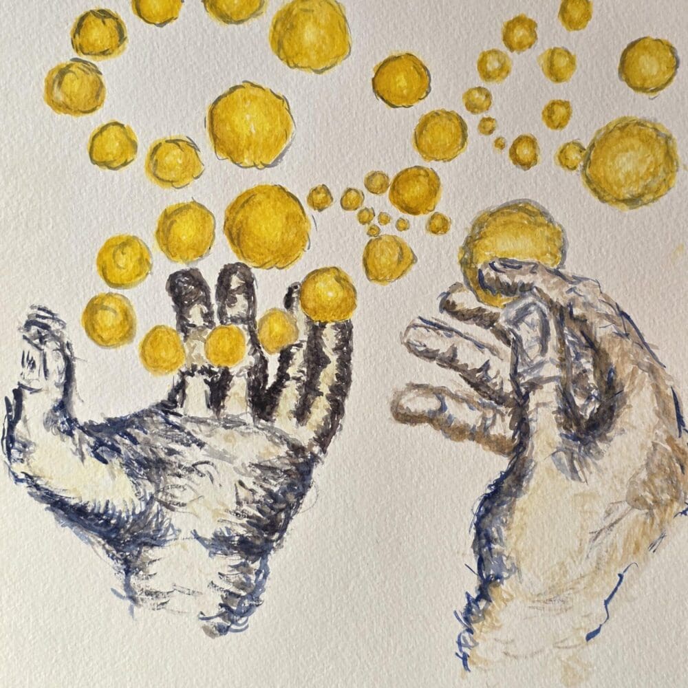 Original watercolor painting of outstretched hands with floating golden globes, symbolizing optimism and pessimism, available for purchase or free download