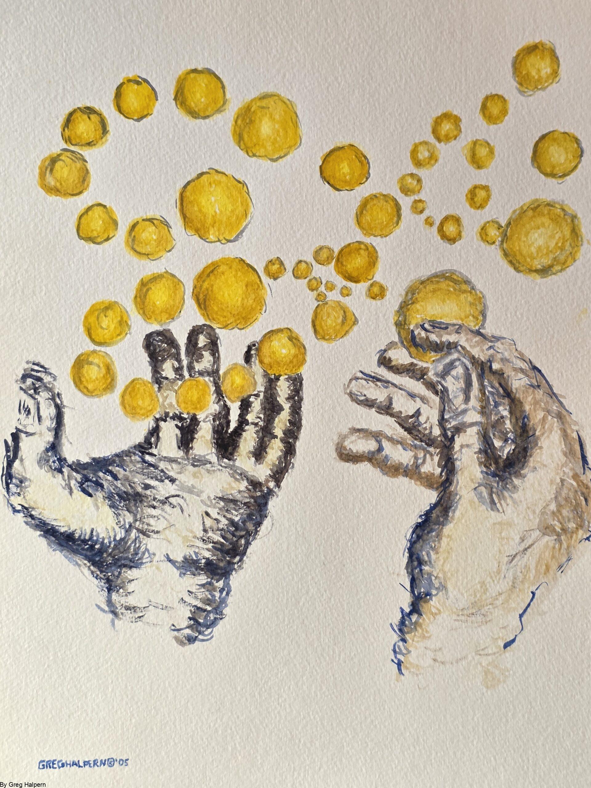 Original watercolor painting of outstretched hands with floating golden globes, symbolizing optimism and pessimism, available for purchase or free download