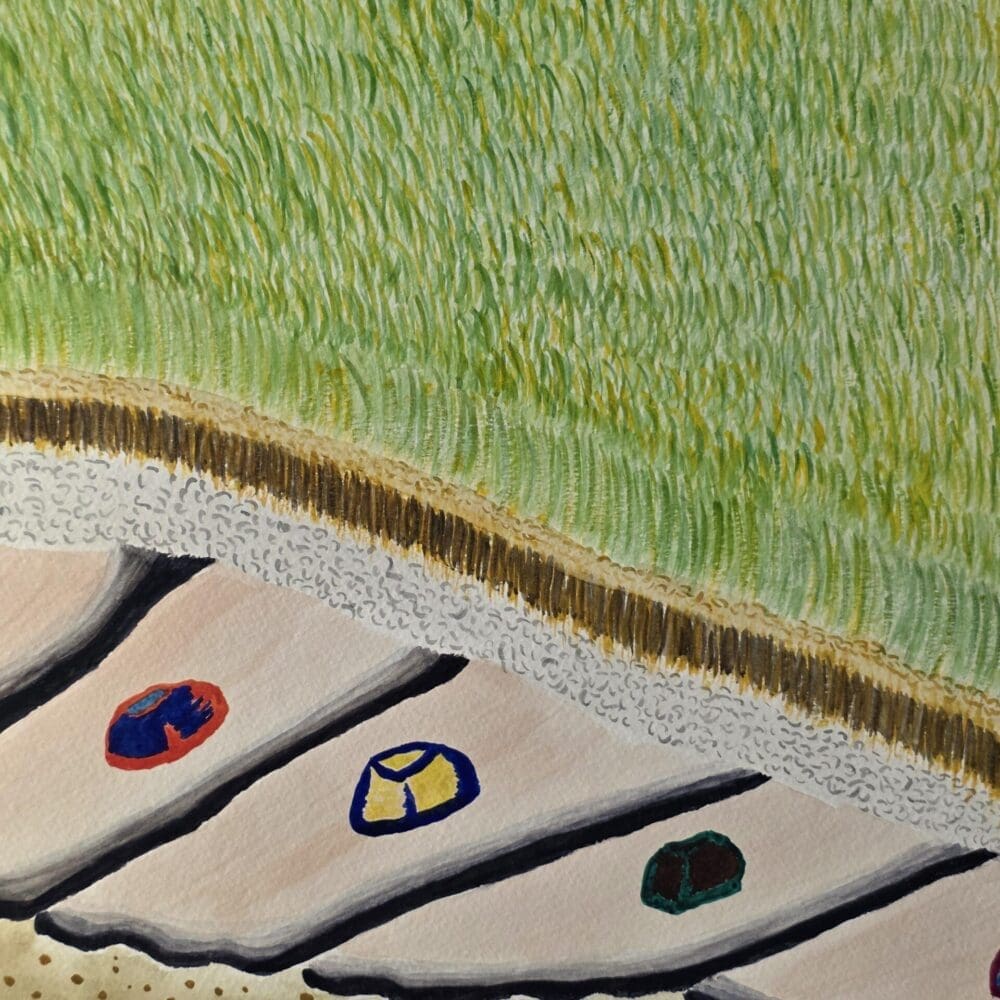 Original watercolor painting of tall grasses, pebble stones, and sandcastle lounge chairs with colorful peace symbols, available for purchase