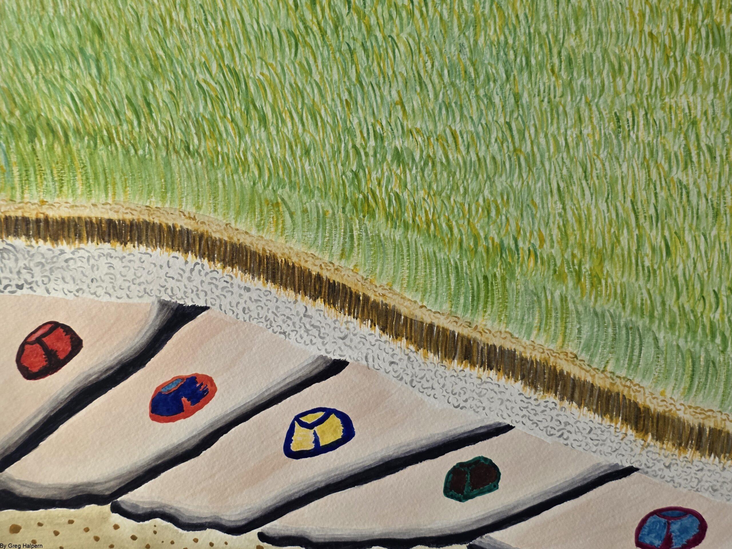 Original watercolor painting of tall grasses, pebble stones, and sandcastle lounge chairs with colorful peace symbols, available for purchase