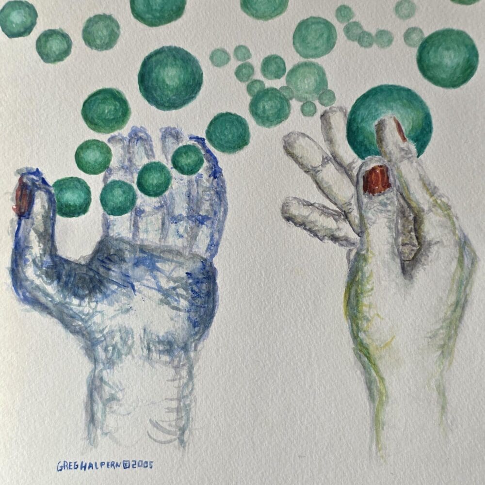 Original watercolor painting of two chunky hands stretched skyward with floating pearl‑like spheres Hand‑painted watercolor artwork of hands and spheres suspended in air, available for purchase.