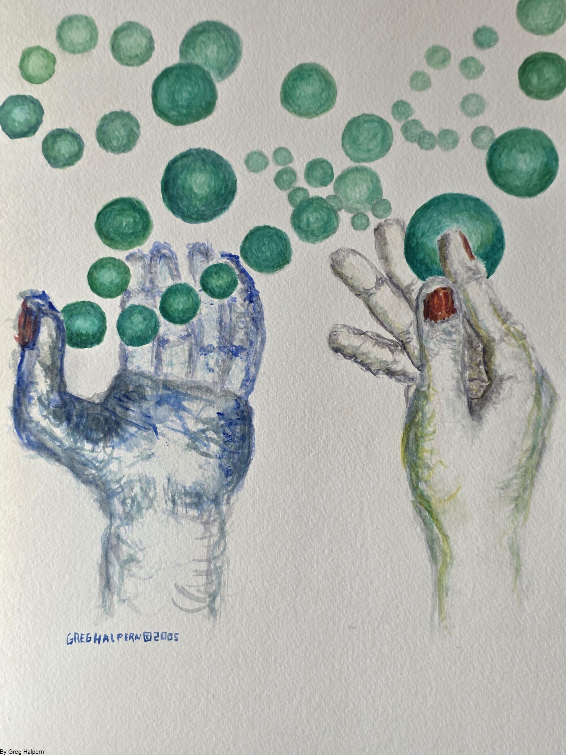 Original watercolor painting of two chunky hands stretched skyward with floating pearl‑like spheres Hand‑painted watercolor artwork of hands and spheres suspended in air, available for purchase.