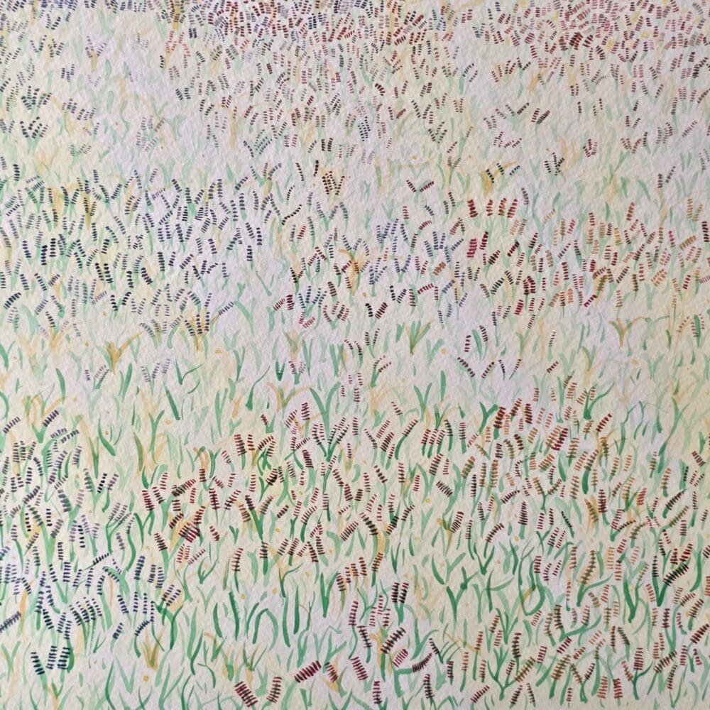 Free watercolor painting of countless tiny near‑future lupin flowers woven into a greater union, original available for purchase Multi‑colored watercolor artwork of lupin blossoms fading into the distance, free download and original for sale