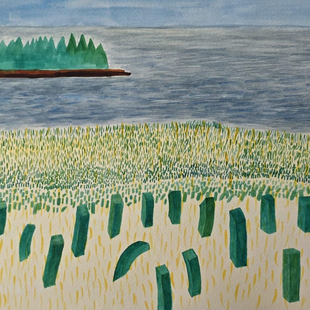 Original watercolor painting of layered grasses, ocean, and island evergreens by Gregory Halpern, available for purchas