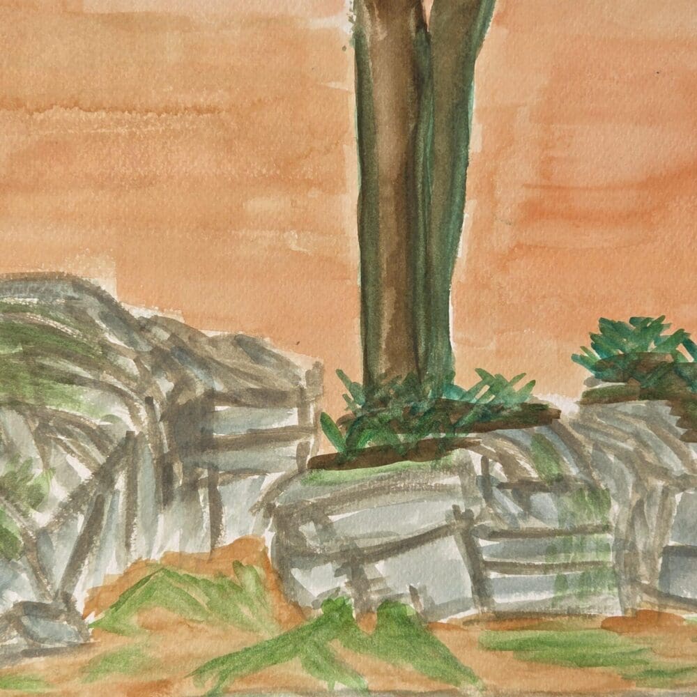 Original surreal watercolor painting of bronze legs standing on bold rocks against an orange sky by Gregory Halpern