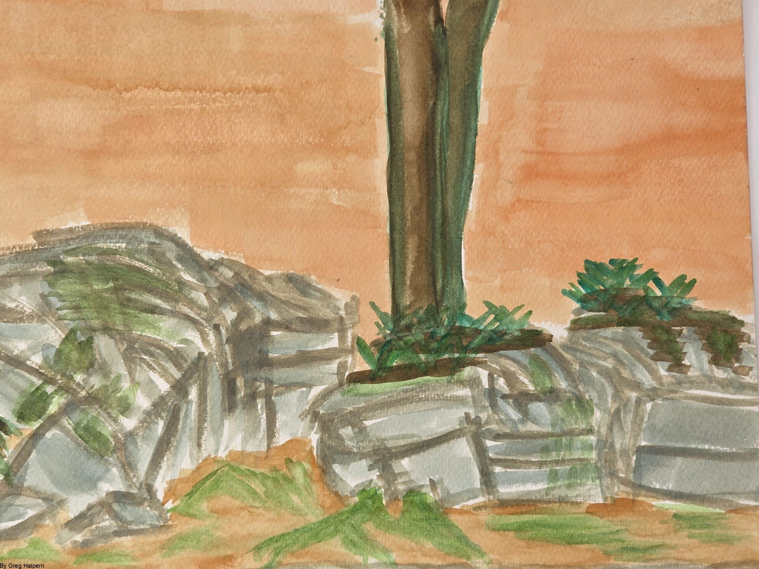 Original surreal watercolor painting of bronze legs standing on bold rocks against an orange sky by Gregory Halpern