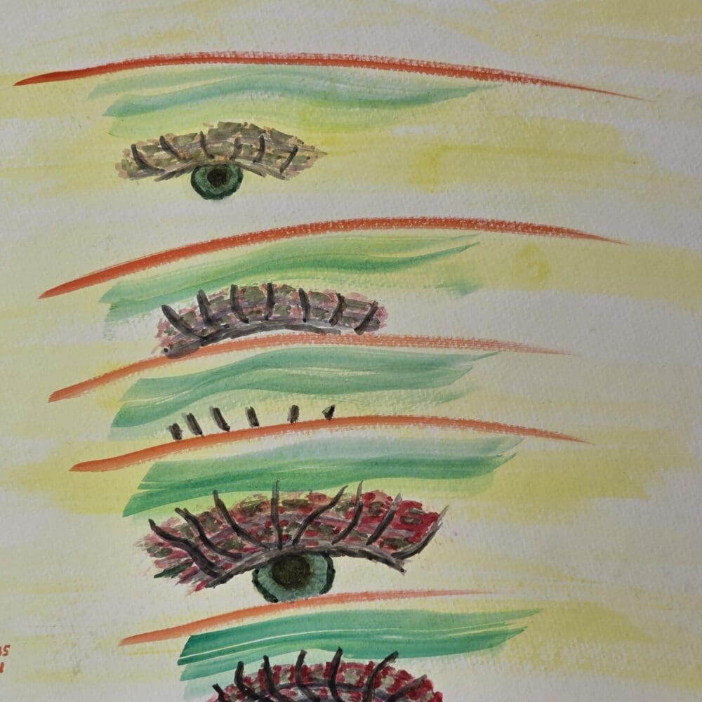 Original surreal watercolor painting of an eye ducking behind colorful slashes, evoking a blink by Gregory Halpern