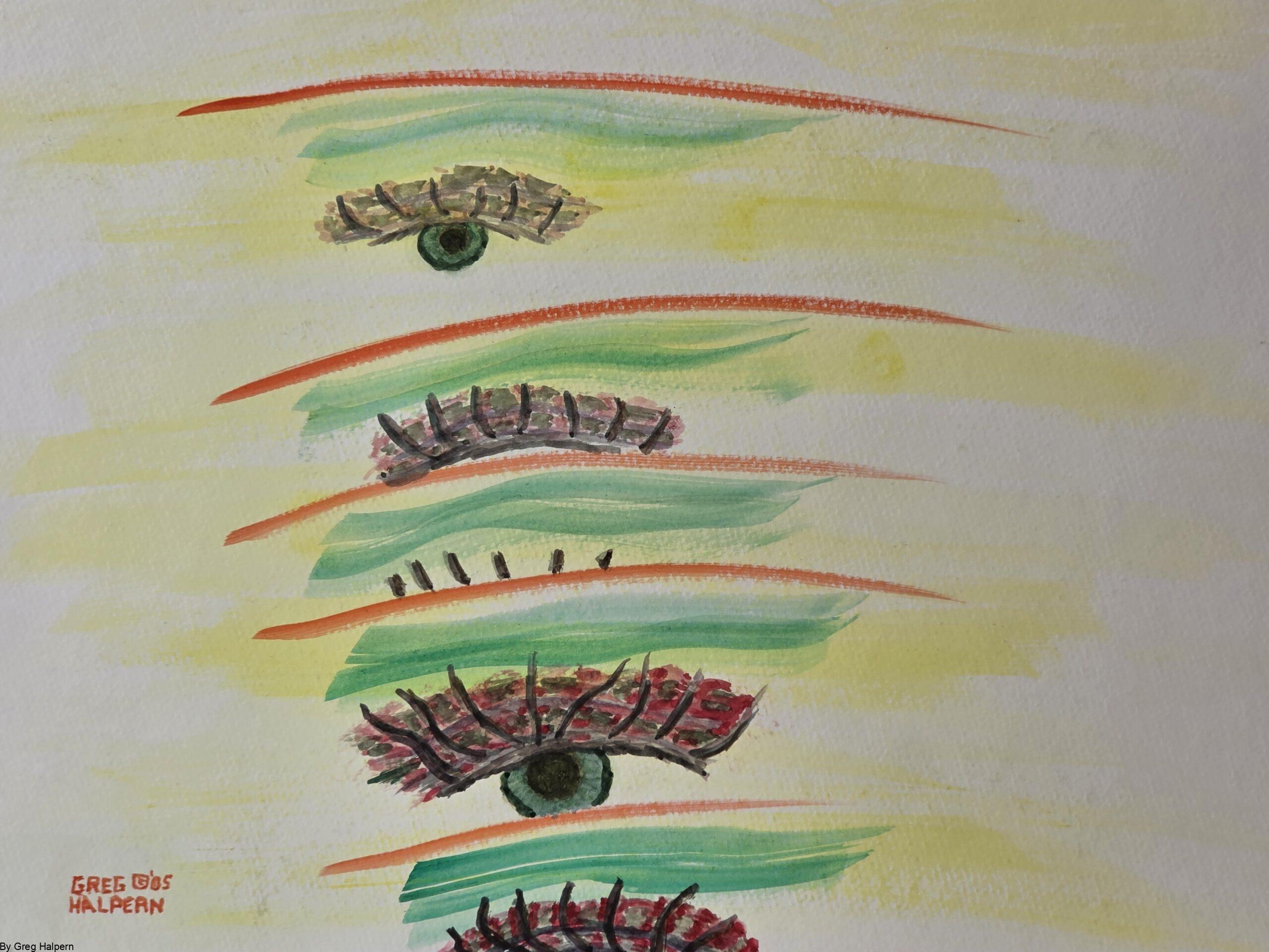 Original surreal watercolor painting of an eye ducking behind colorful slashes, evoking a blink by Gregory Halpern
