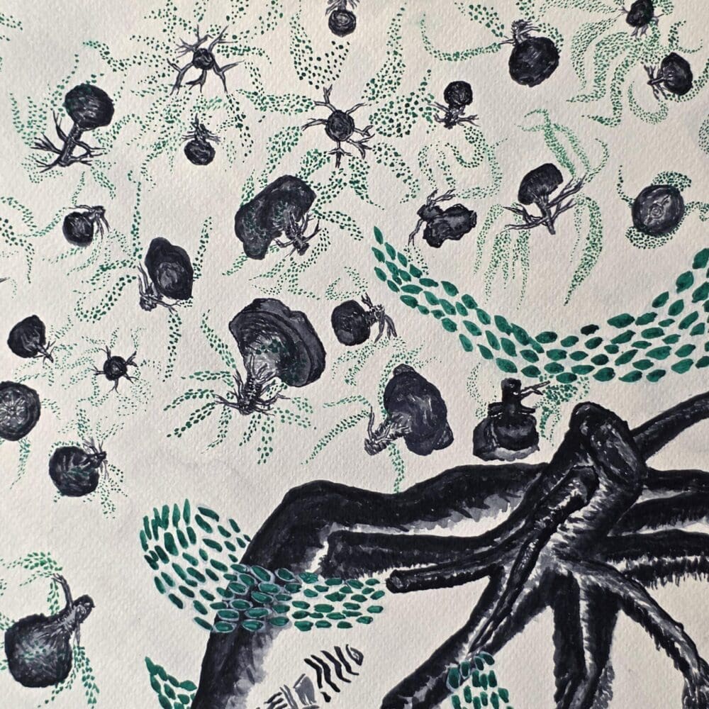 Original surreal watercolor painting of tree-stump beings floating in a buoyant gas world by Gregory Halpern