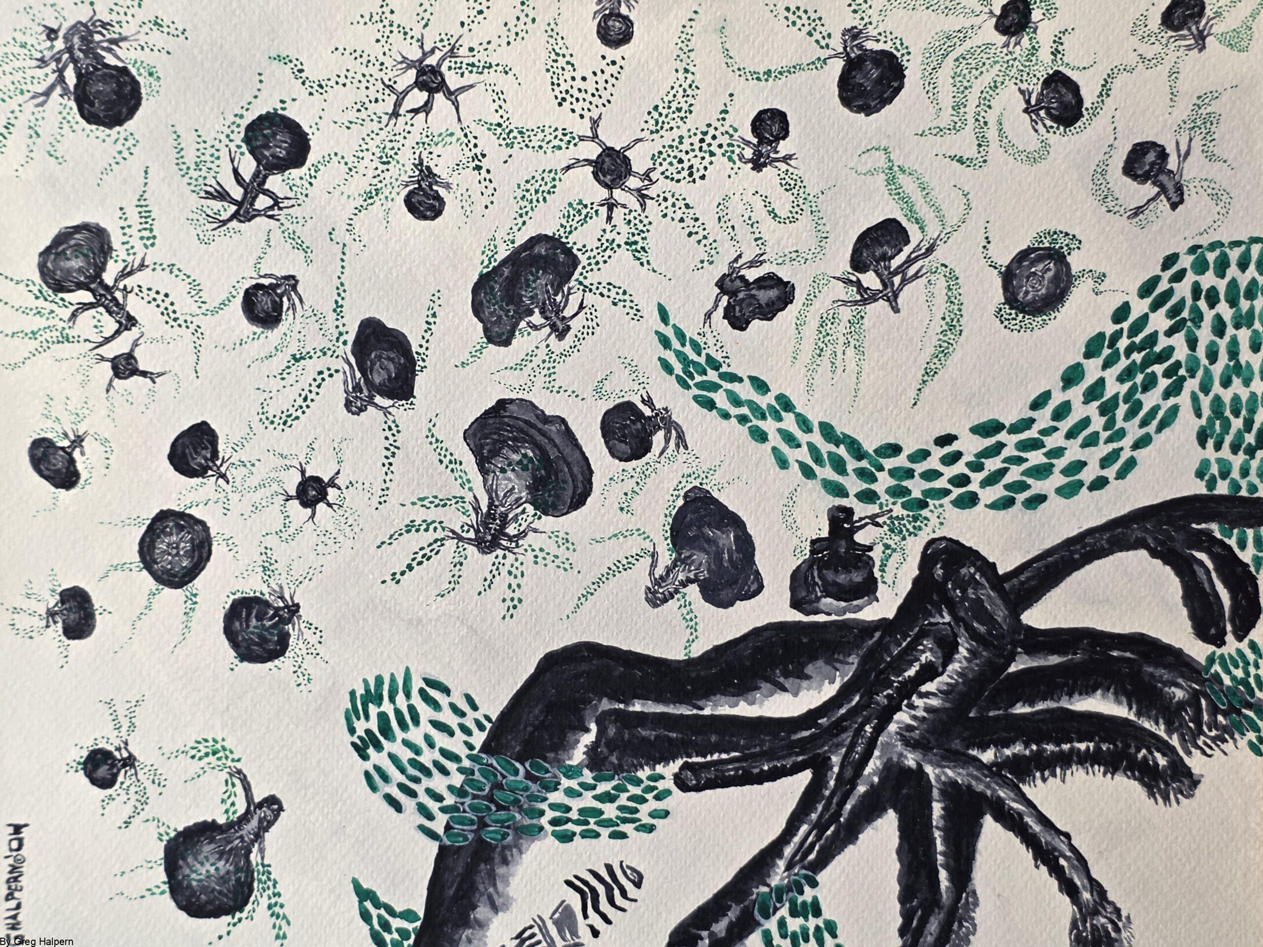 Original surreal watercolor painting of tree-stump beings floating in a buoyant gas world by Gregory Halpern