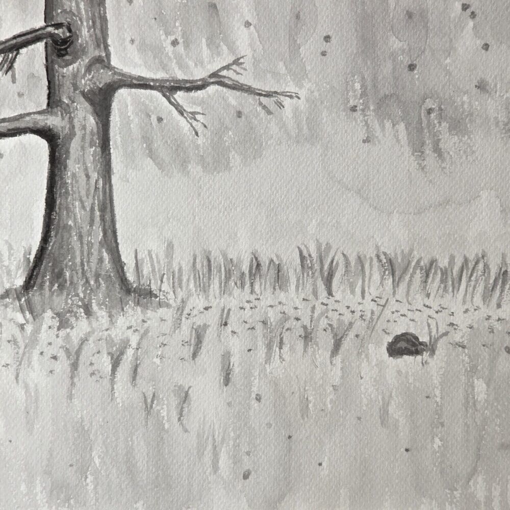 Original ink stick brush painting of a leafless tree under a starry night sky with grass and rock Hand‑painted ink brush artwork of tree and rock in solitude, available for purchase