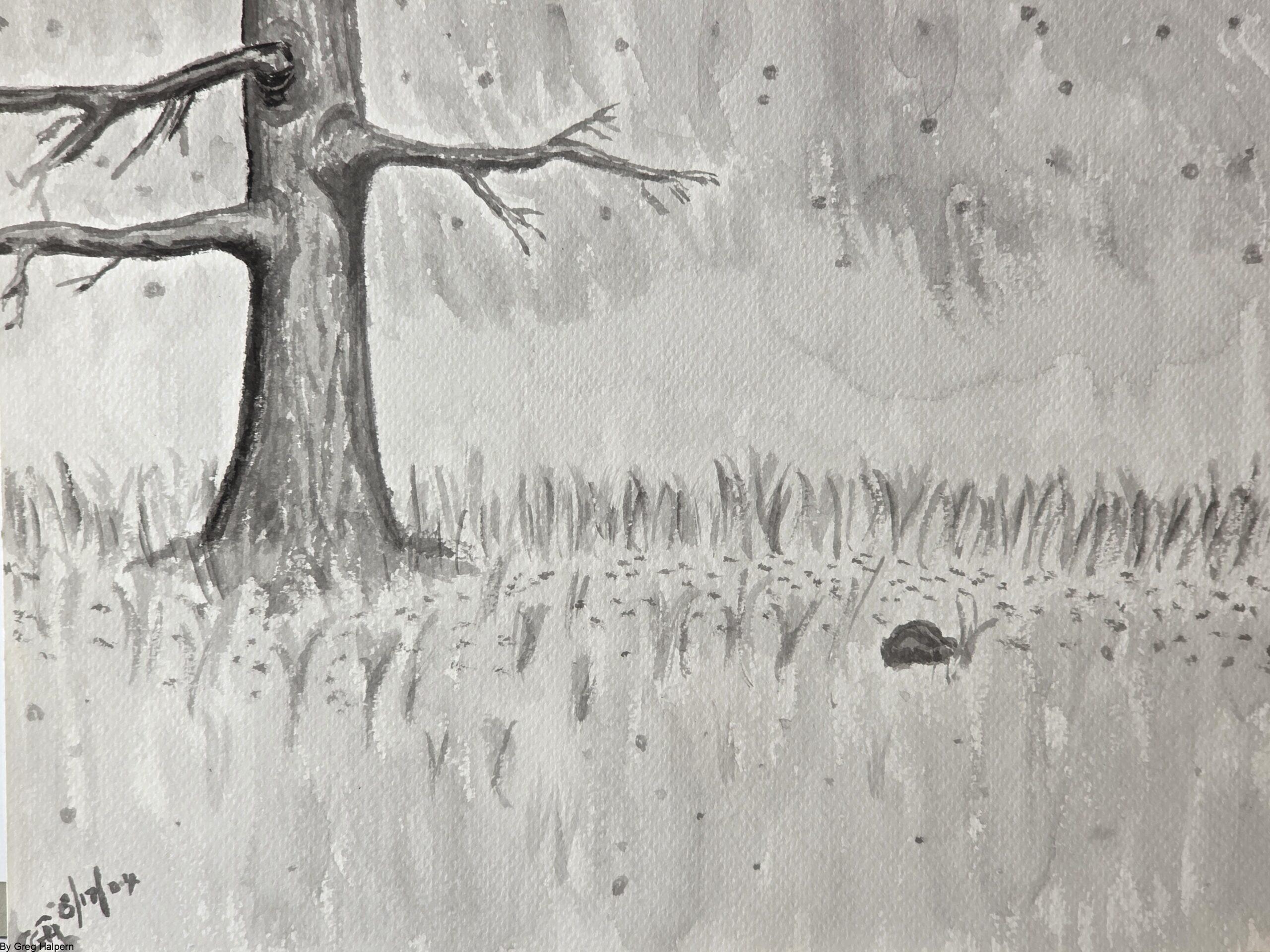 Original ink stick brush painting of a leafless tree under a starry night sky with grass and rock Hand‑painted ink brush artwork of tree and rock in solitude, available for purchase
