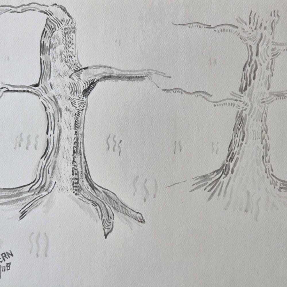 Ink brush painting of two aged, wrinkled trees with strong roots and wavy grass patches Minimalist artwork of two trees reaching toward each other, free digital download