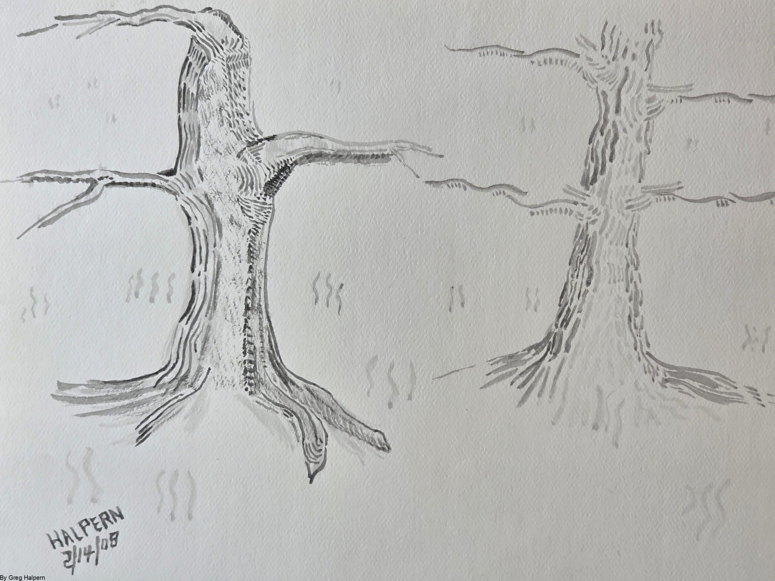 Ink brush painting of two aged, wrinkled trees with strong roots and wavy grass patches Minimalist artwork of two trees reaching toward each other, free digital download