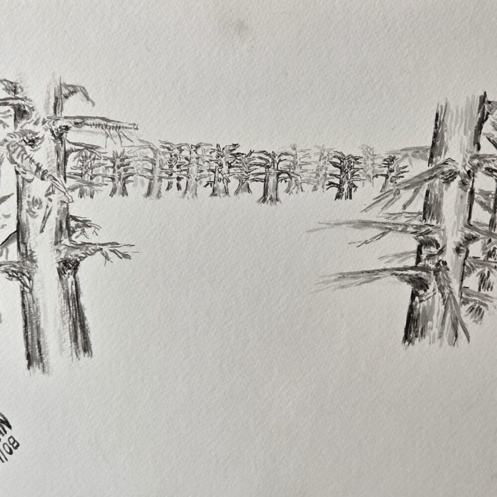 Ink brush painting of a ring of trees with one opening, symbolizing invitation and uncertainty Dense thicket of trees forming a circle, free digital download artwork