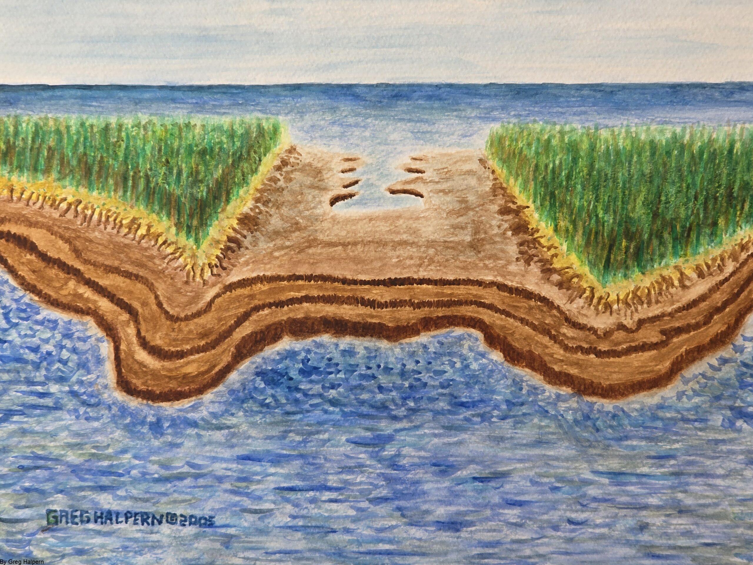 Original surreal watercolor painting of a center-cut island with twin peninsulas and smooth rock tiers by Gregory Halpern