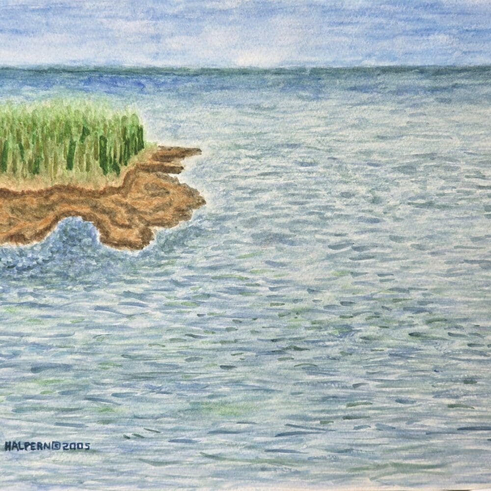 Original surreal watercolor painting of the right side of Center-Cut Island, completing the peninsula by Gregory Halpern