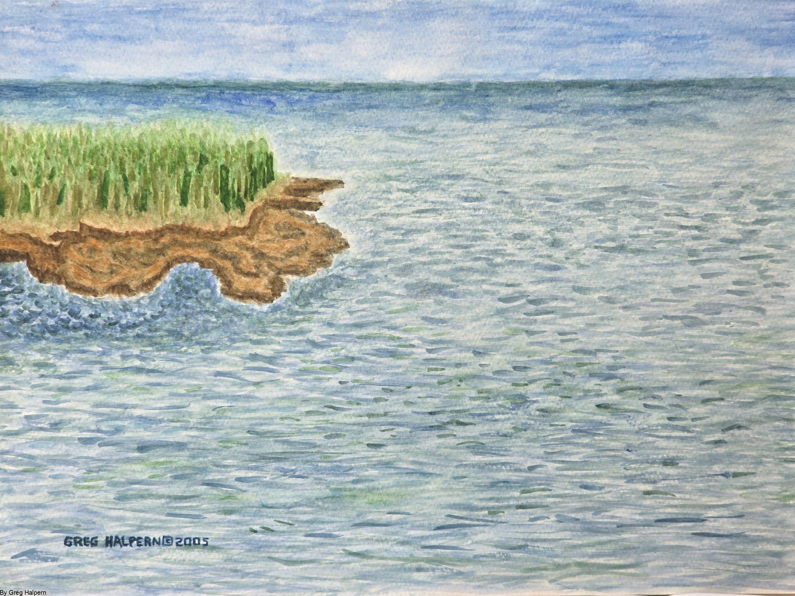 Original surreal watercolor painting of the right side of Center-Cut Island, completing the peninsula by Gregory Halpern