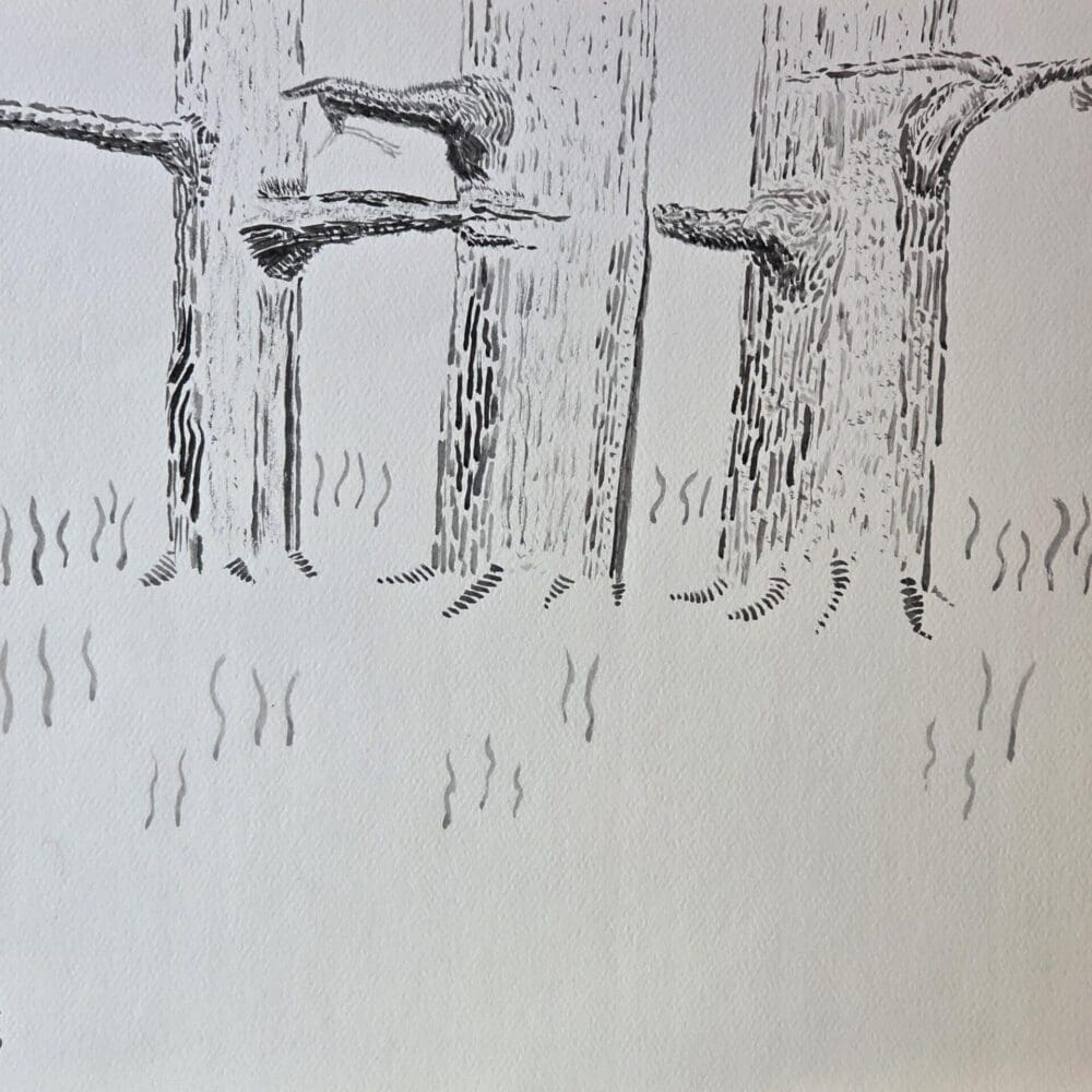 Gregory Halpern’s Three Trees Embracing original ink artwork. Ink stick and brush on heavy stock. A unique collector’s piece.