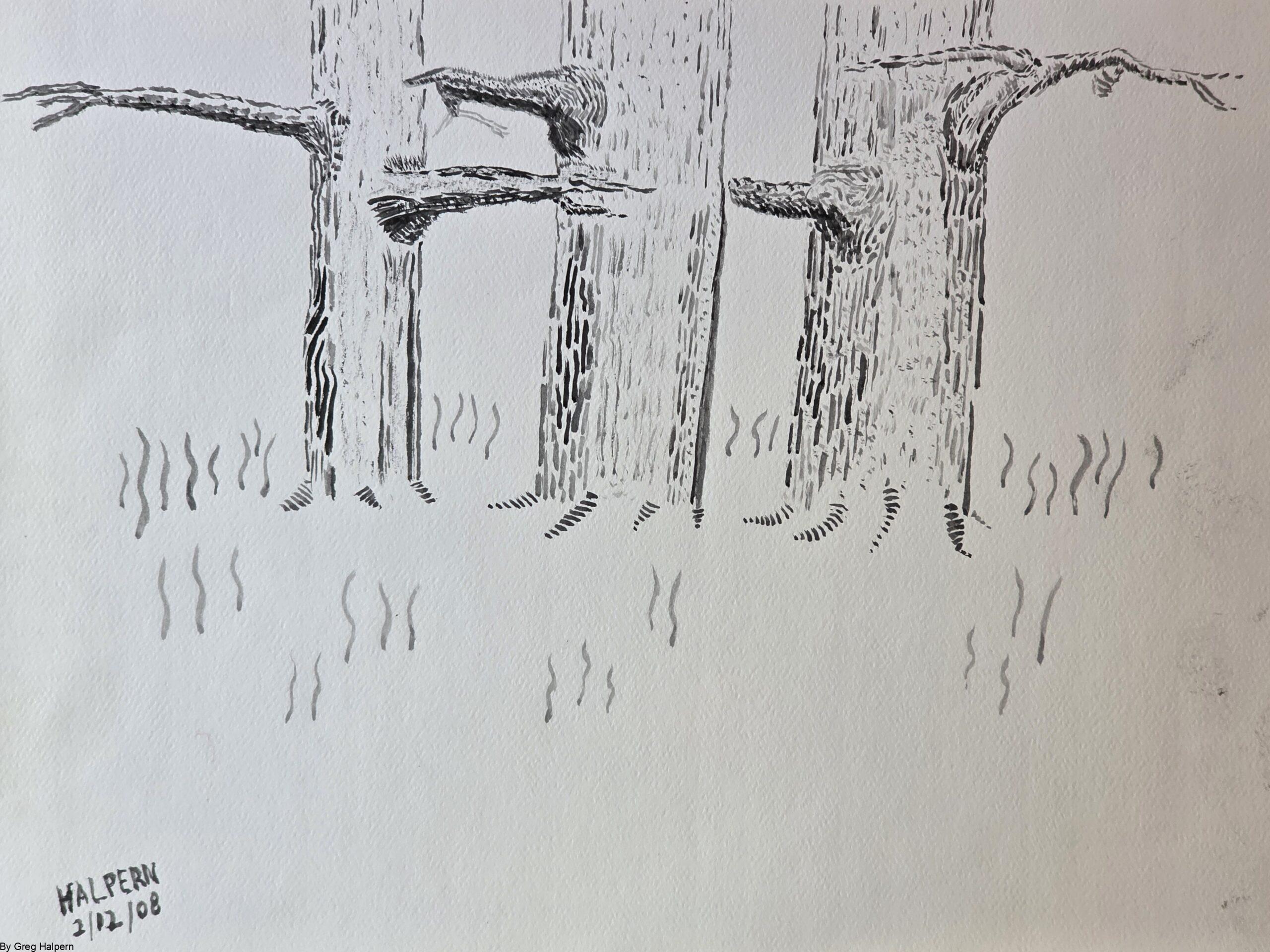 Gregory Halpern’s Three Trees Embracing original ink artwork. Ink stick and brush on heavy stock. A unique collector’s piece.