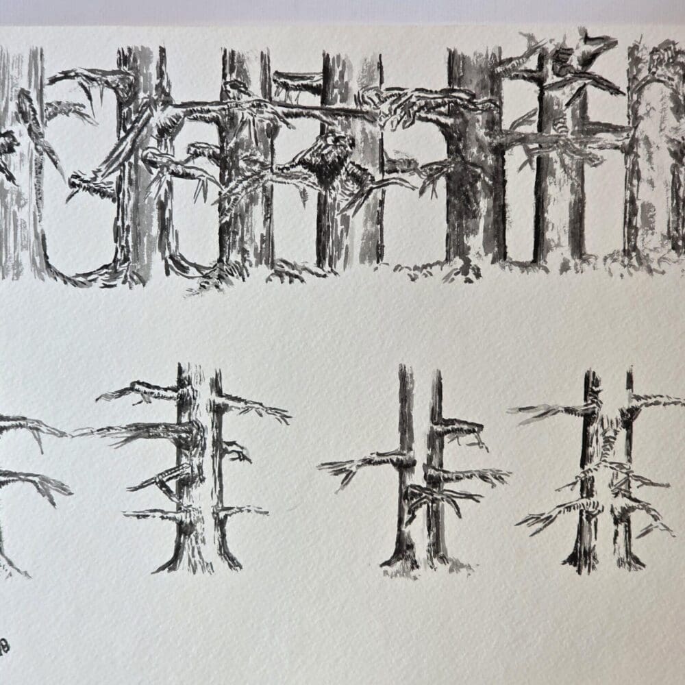 Gregory Halpern’s Tree Art Original – Eleven Trees watercolor artwork. Symbolic David and Goliath struggle. One‑of‑a‑kind piece perfect for framing or collecting.