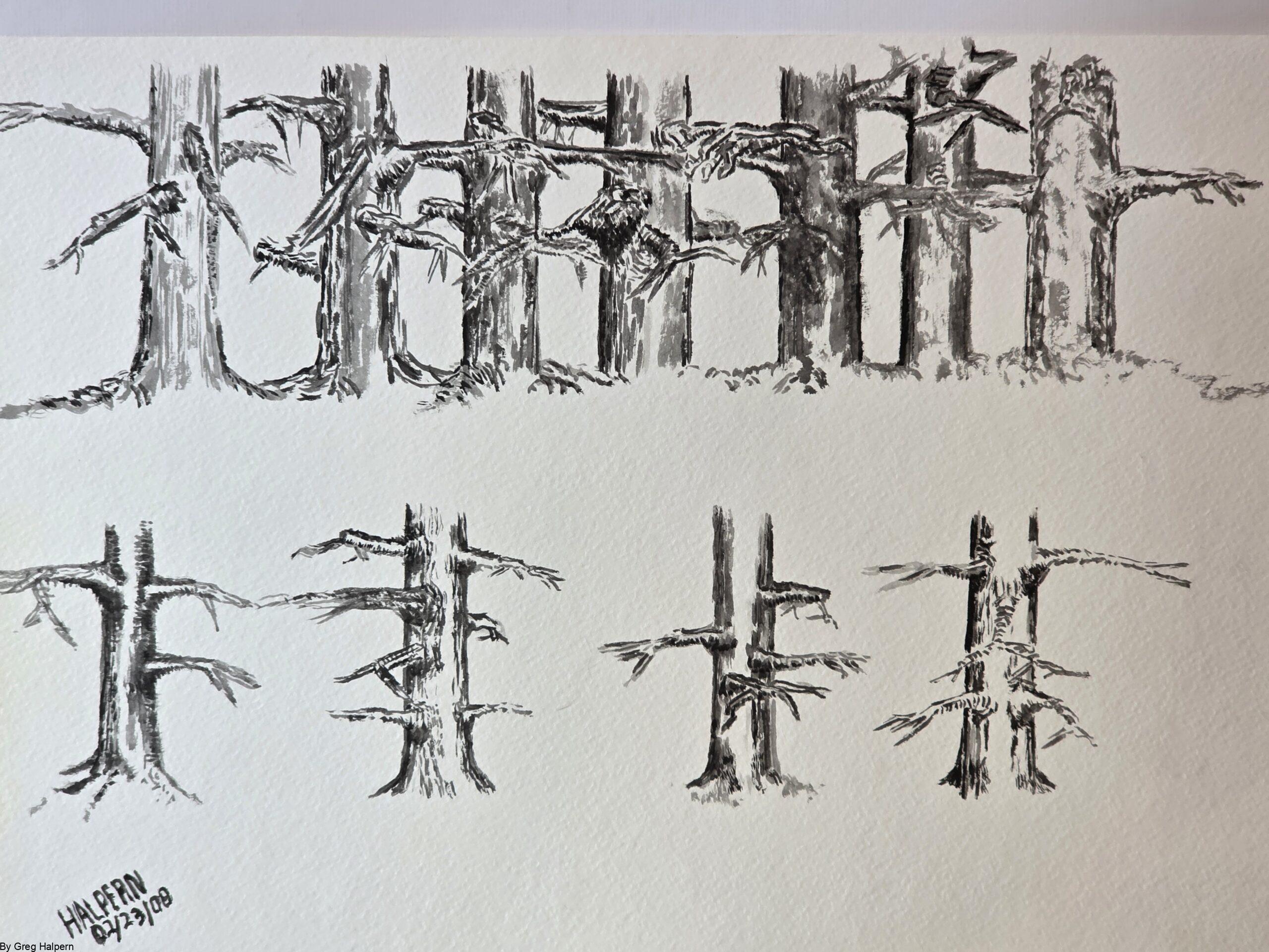 Gregory Halpern’s Tree Art Original – Eleven Trees watercolor artwork. Symbolic David and Goliath struggle. One‑of‑a‑kind piece perfect for framing or collecting.