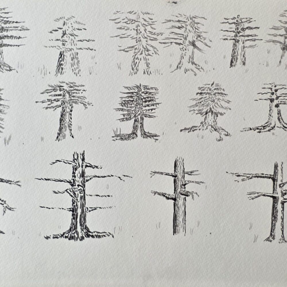 Three rows of watercolor ink trees painted by Greg Halpern, arranged in opposing directions with soft brush textures.
