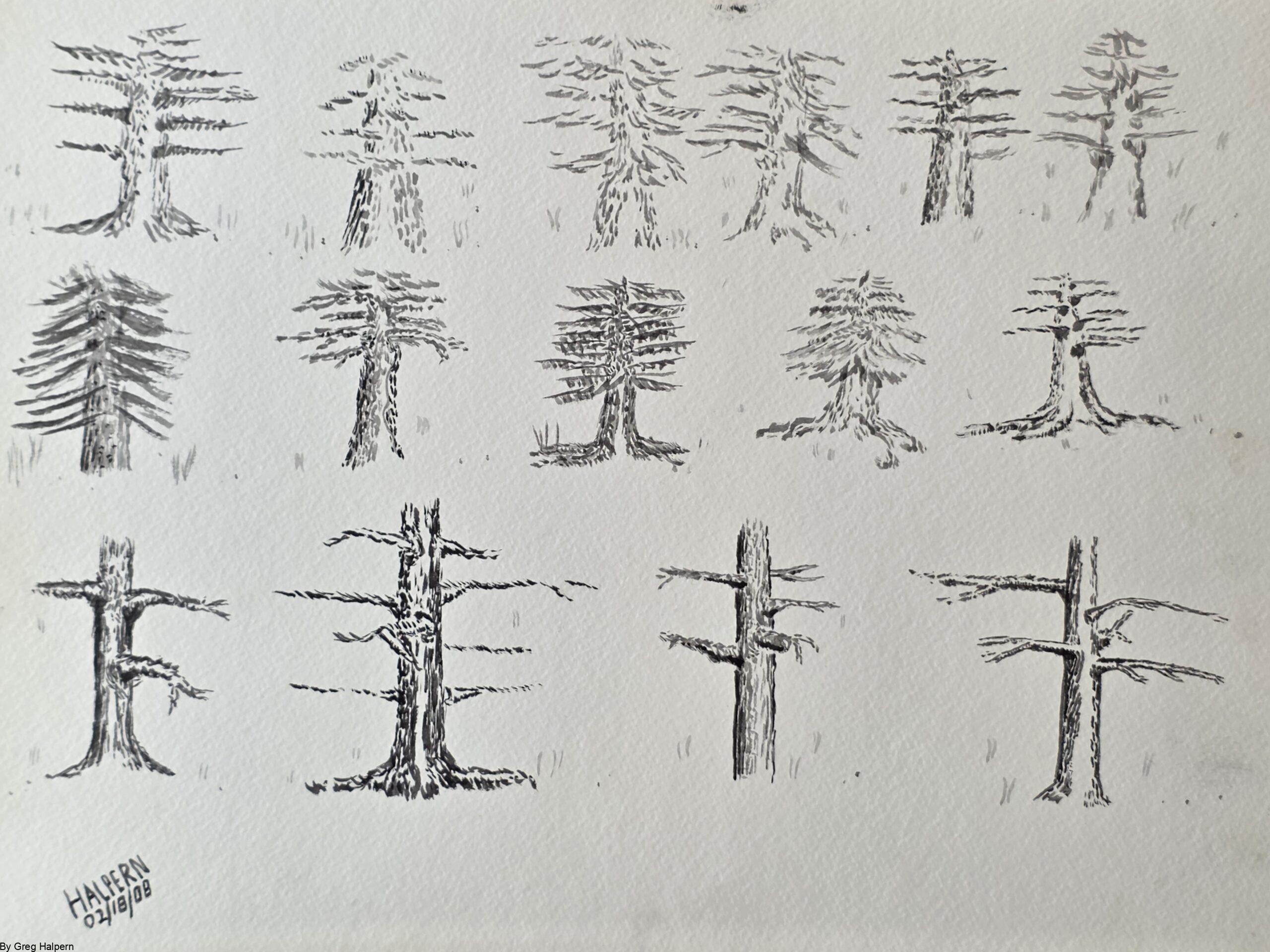 Three rows of watercolor ink trees painted by Greg Halpern, arranged in opposing directions with soft brush textures.