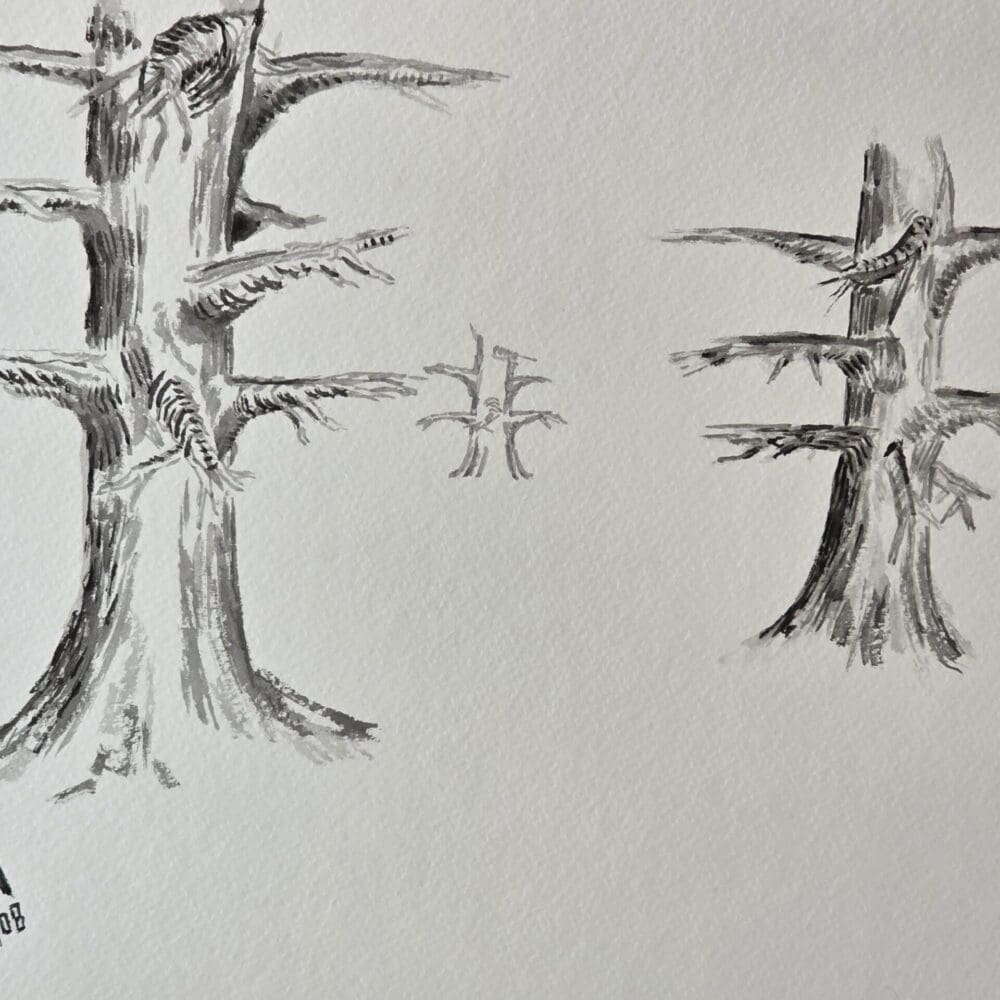 Free downloadable ink artwork of three trees in receding view, symbolizing perspective, renewal, and nature’s strength