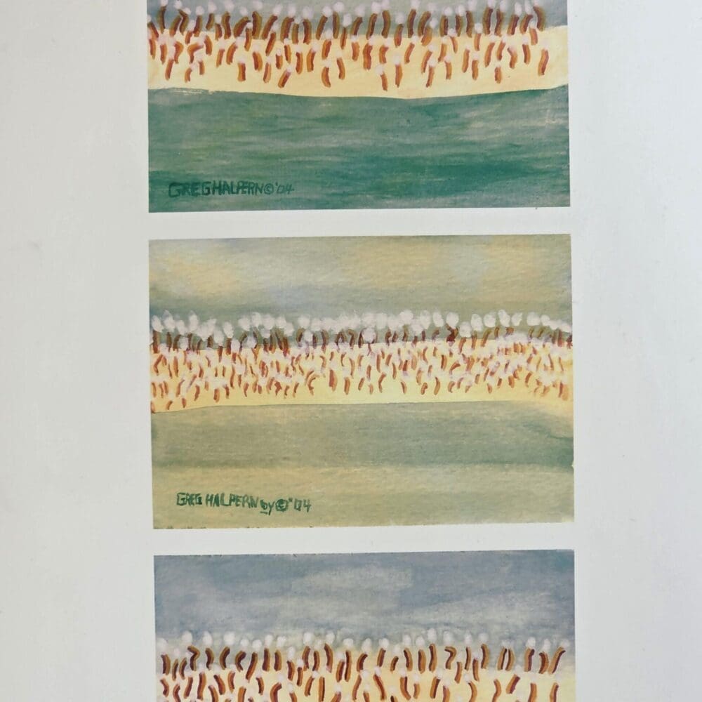 Whimsical watercolor painting of hot dogs at the beach in three panels, free download Playful artwork of hot dogs enjoying the shoreline, watercolor by Gregory Halpern