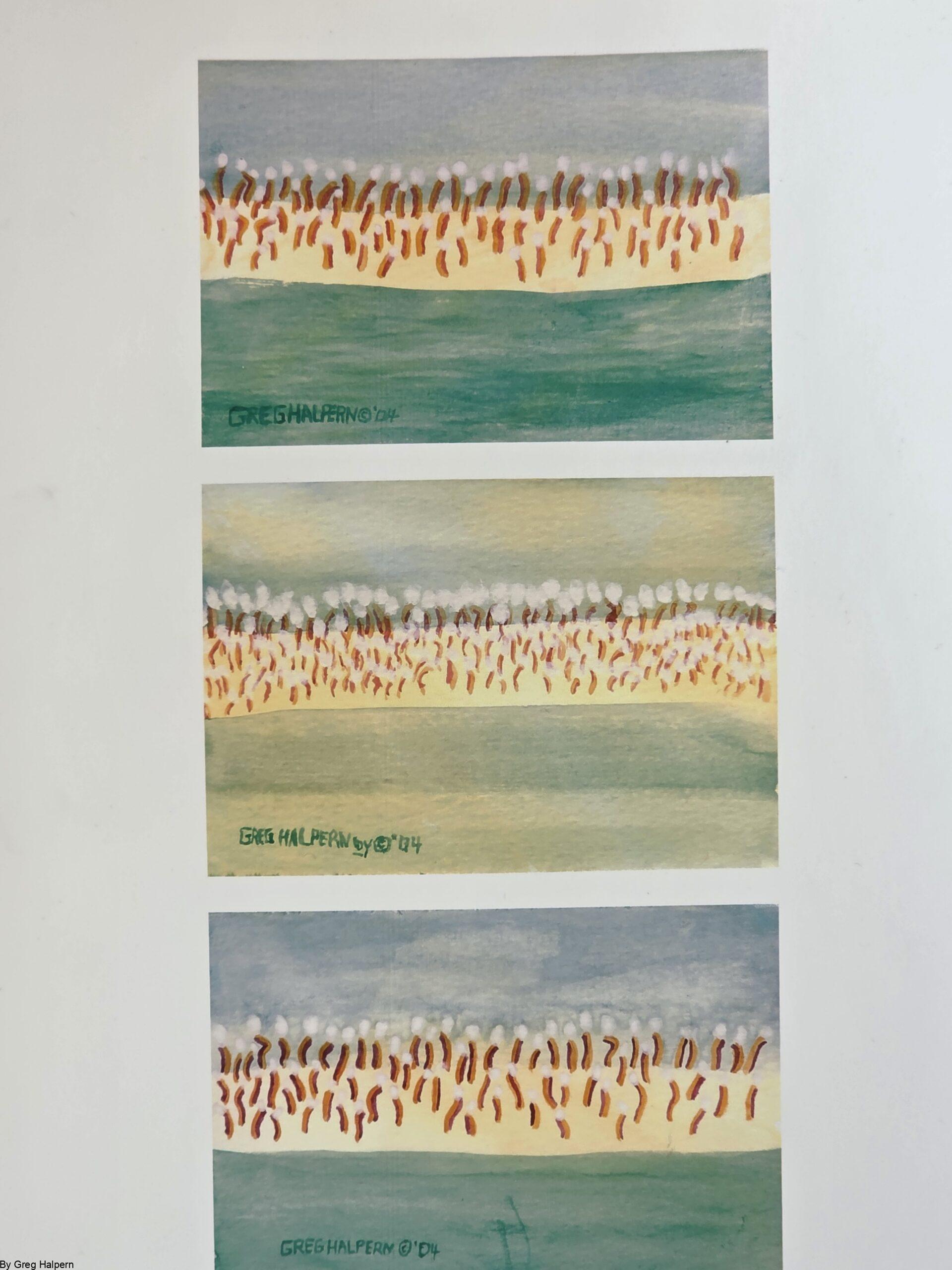 Whimsical watercolor painting of hot dogs at the beach in three panels, free download Playful artwork of hot dogs enjoying the shoreline, watercolor by Gregory Halpern