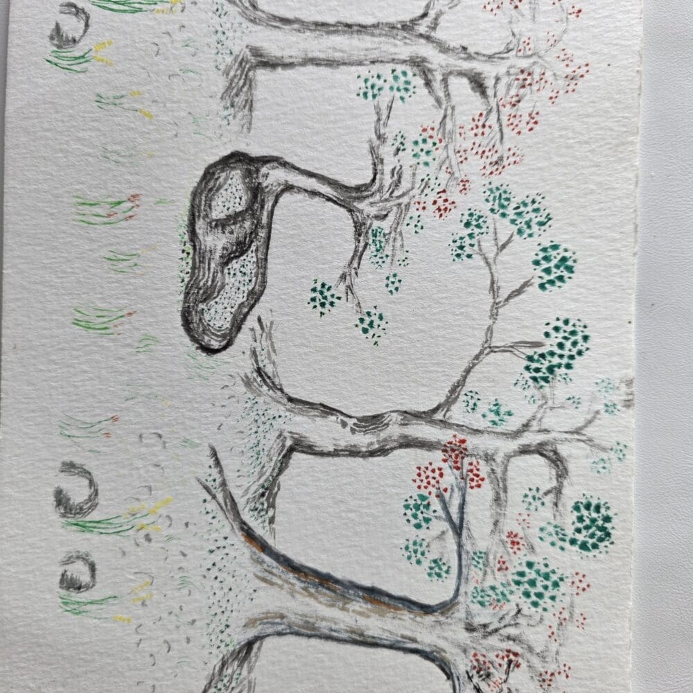 Four orchard trees with dark green and reddish‑pink clustered flowers, knotted trunks, rock foreground, whimsical grass, and pebble‑textured ground, painted in watercolor and ink.