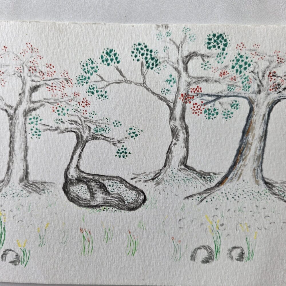 Four orchard trees with dark green and reddish‑pink clustered flowers, knotted trunks, rock foreground, whimsical grass, and pebble‑textured ground, painted in watercolor and ink.