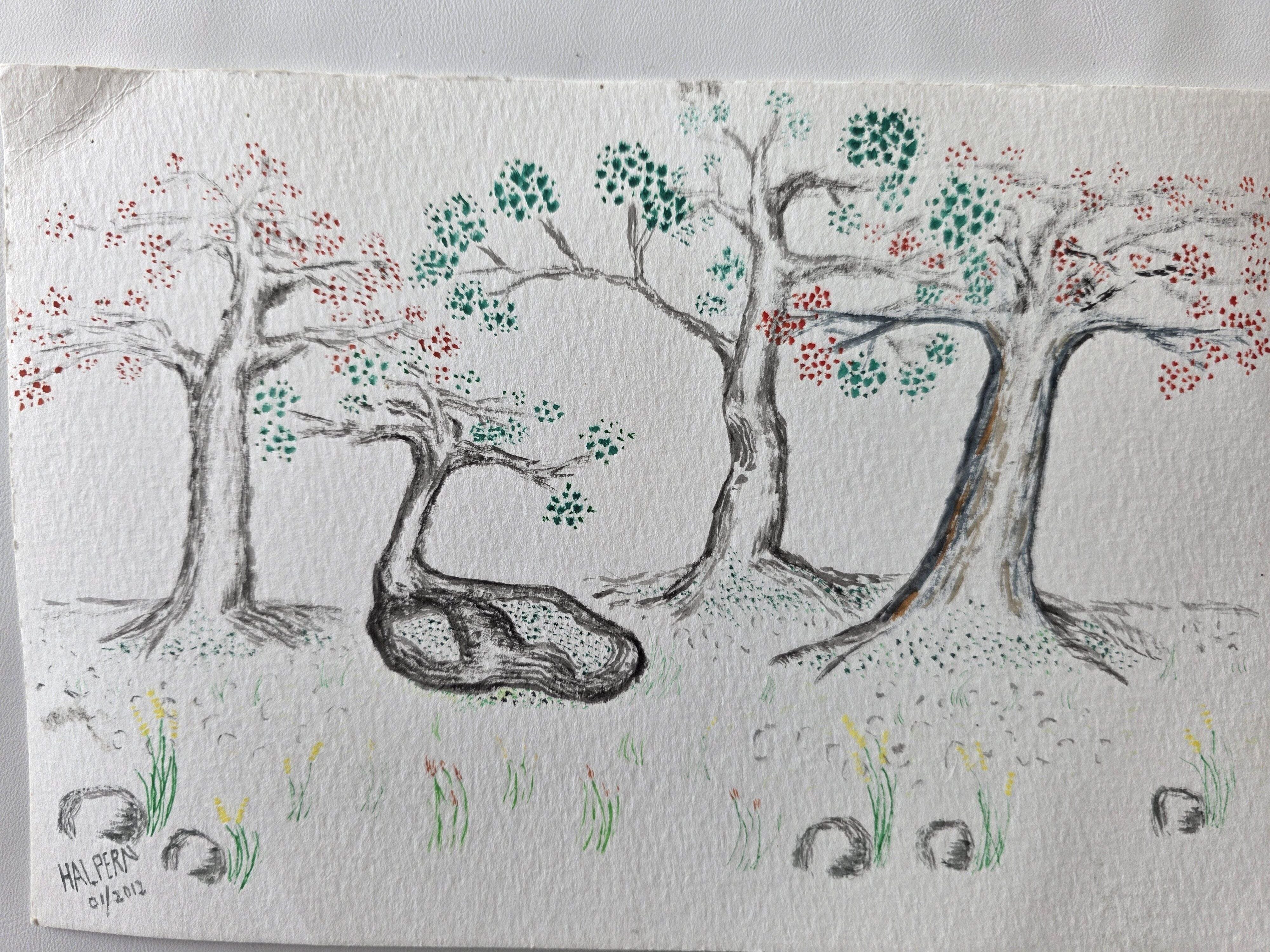 Four orchard trees with dark green and reddish‑pink clustered flowers, knotted trunks, rock foreground, whimsical grass, and pebble‑textured ground, painted in watercolor and ink.