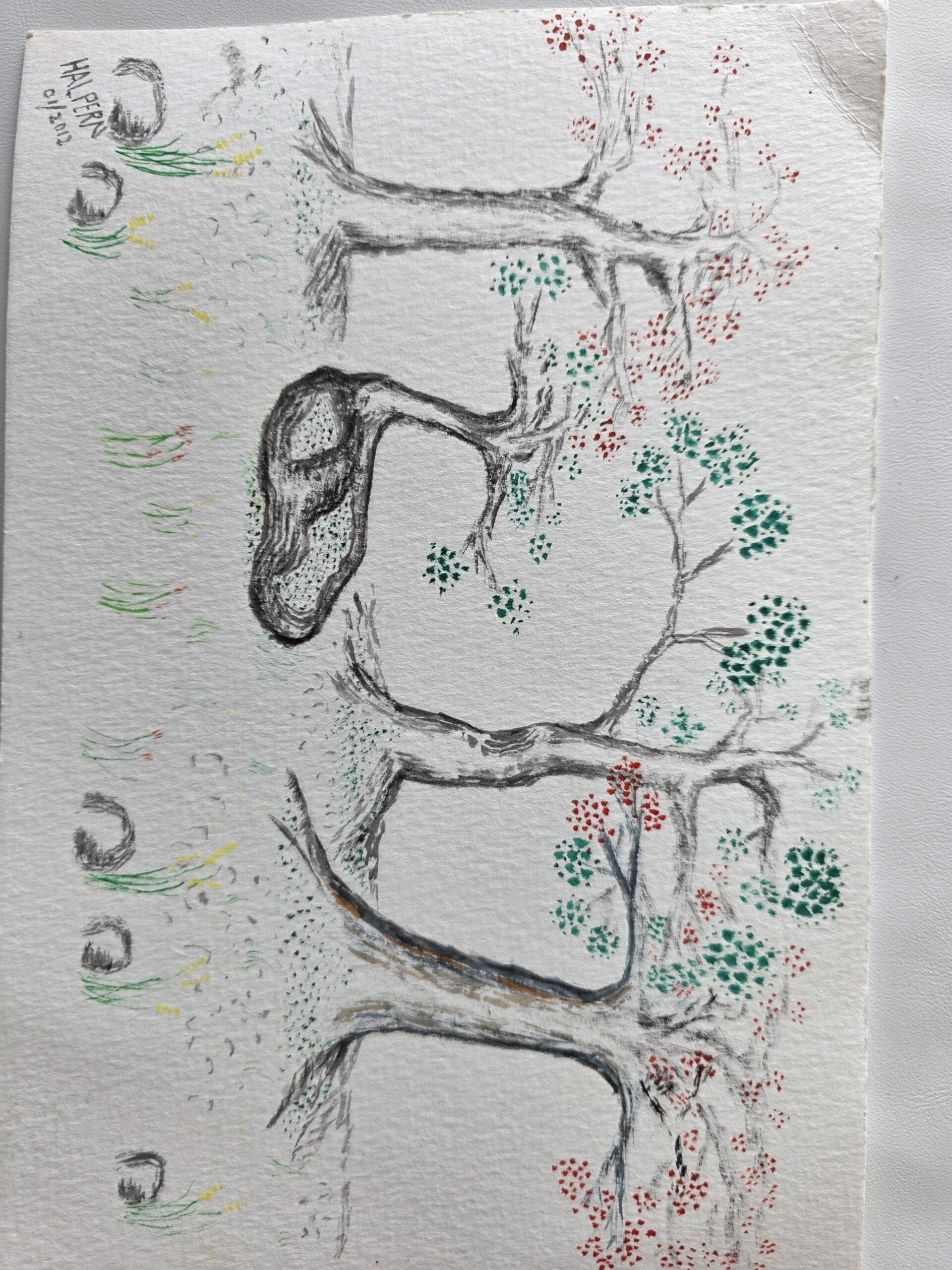 Four orchard trees with dark green and reddish‑pink clustered flowers, knotted trunks, rock foreground, whimsical grass, and pebble‑textured ground, painted in watercolor and ink.