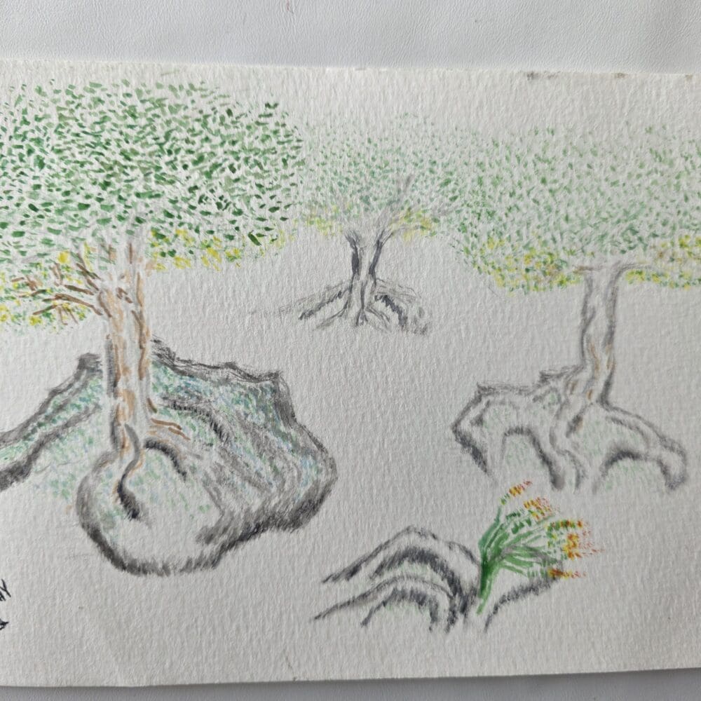 Three futuristic orchard trees forming a triad, with green to yellow leaves, knotted trunks, rock‑anchored roots, and small red‑orange lupin accents, painted in watercolor and ink.